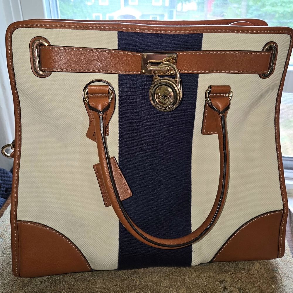 MICHAEL KORS HAMILTON MONO STRIPE CANVAS AND LEATHER TOTE LARGE RARE